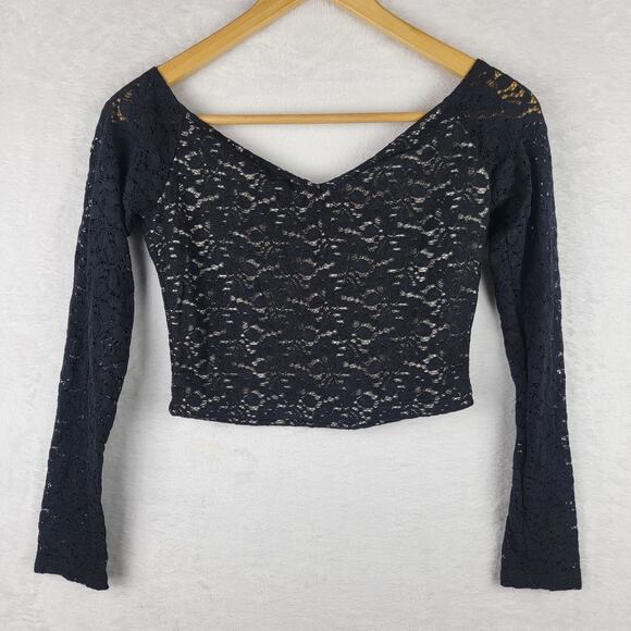 Whimsigoth M Top Long Sleeve Black Lace V Neck Crop Pullover Grunge Cottagecore - Picture 1 of 7